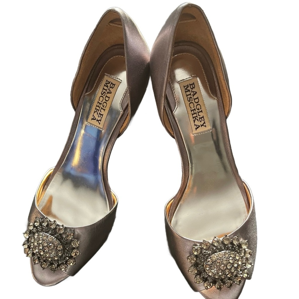 Badgley Mischka Satin Peep-Toe Heels with Crystal Embellishment